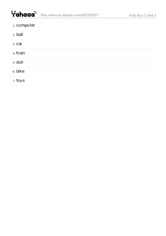 Word list with meanings worksheet for Kid's Box 1 Unit 3