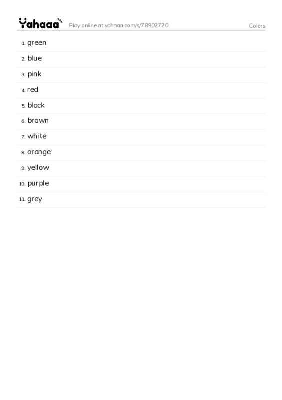 Word list with meanings worksheet for Colors