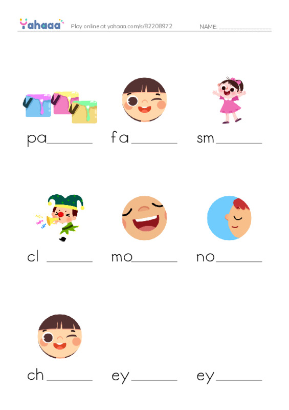 A Clown Face PDF worksheet to fill in words gaps