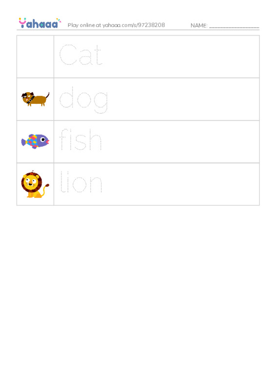 Picture and word rows worksheet for Wild life