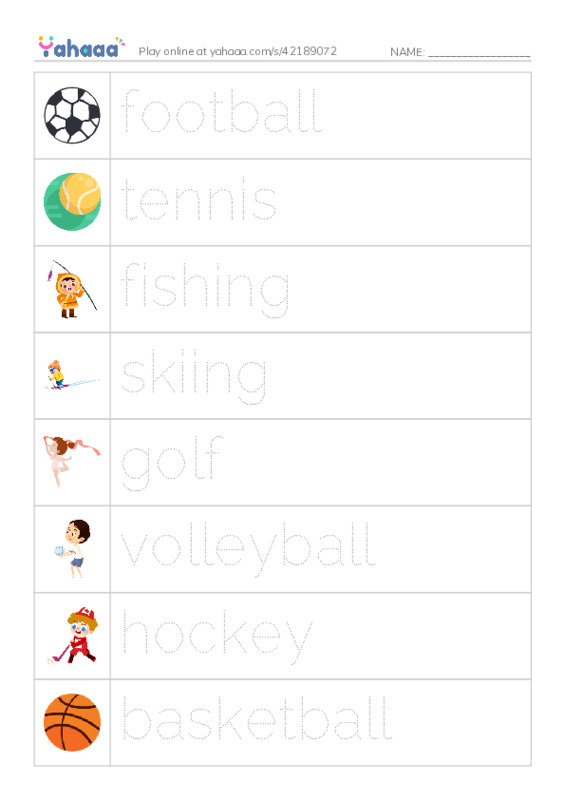 Picture and word rows worksheet for Ket-1 sports and leisures