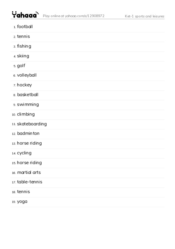 Word list with meanings worksheet for Ket-1 sports and leisures