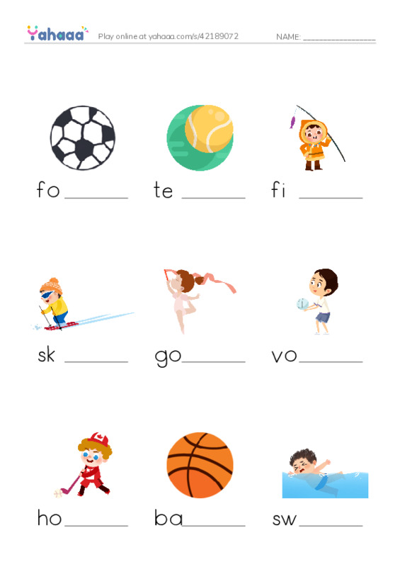 Finish the word worksheet for Ket-1 sports and leisures