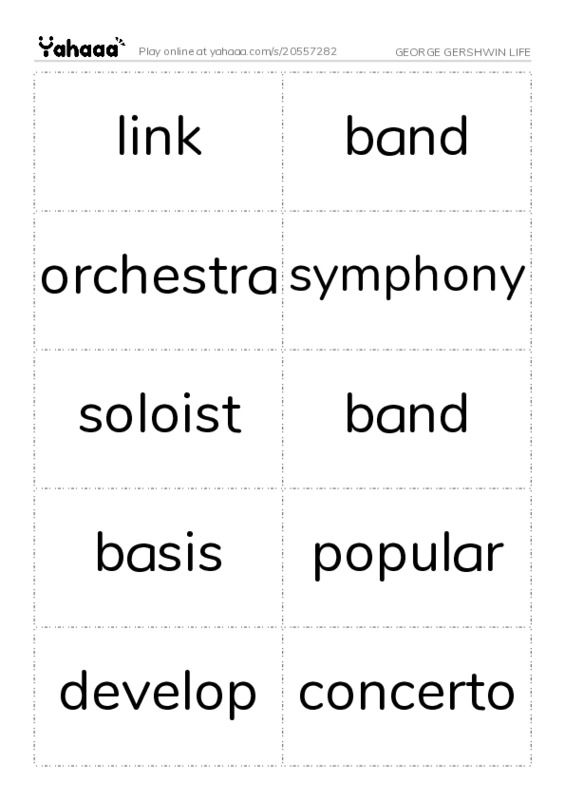 Word flashcards worksheet for GEORGE GERSHWIN LIFE