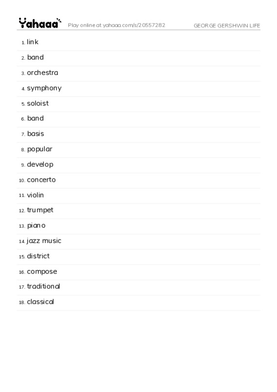Word list with meanings worksheet for GEORGE GERSHWIN LIFE