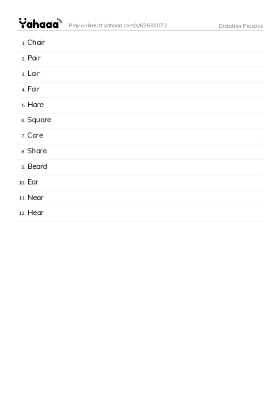Word list with meanings worksheet for Dictation Practice