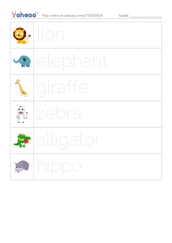 Picture and word rows worksheet for wild animals