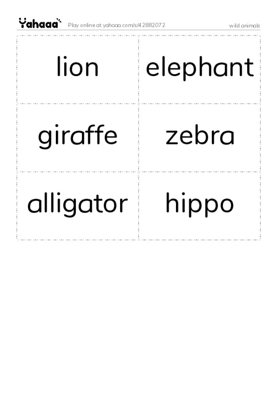 Word flashcards worksheet for wild animals