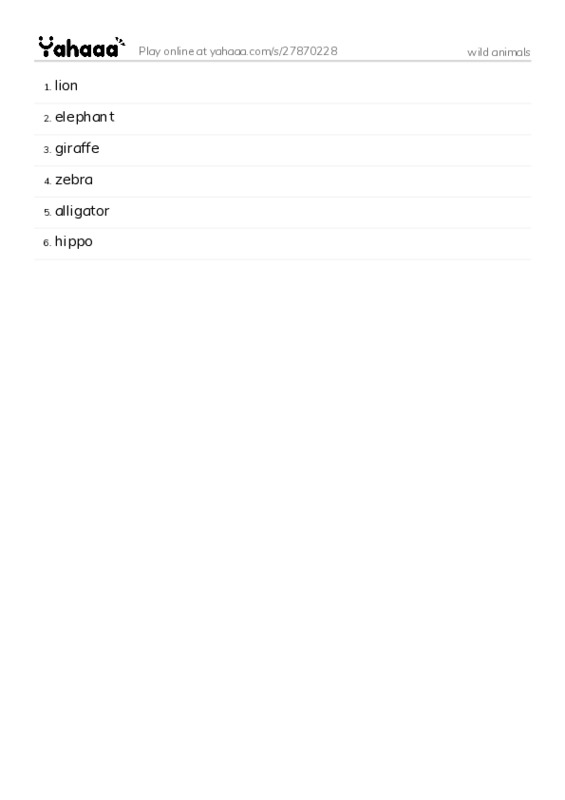 Word list with meanings worksheet for wild animals