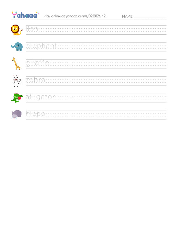 Handwriting lines worksheet for wild animals