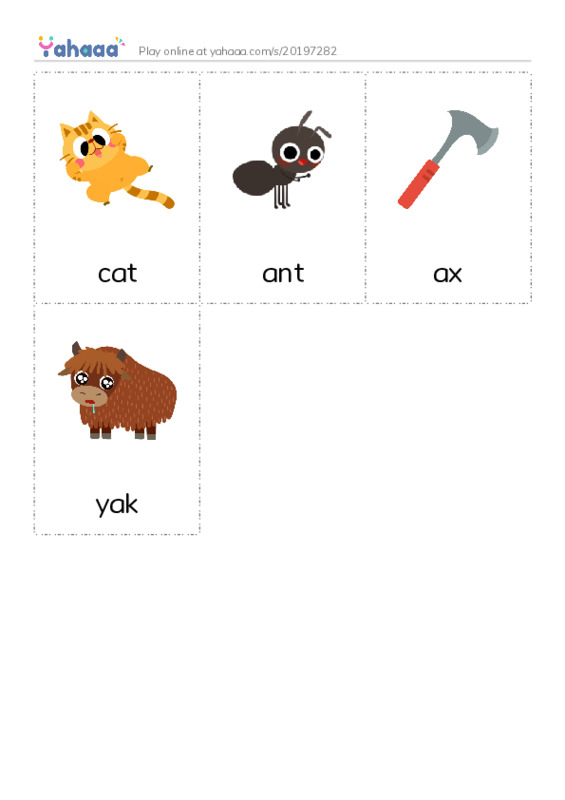 Picture flashcards worksheet for cat, ant, ax and 1 more
