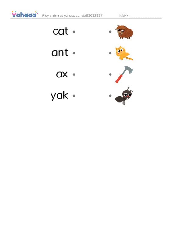 Draw a line to match worksheet for cat, ant, ax and 1 more
