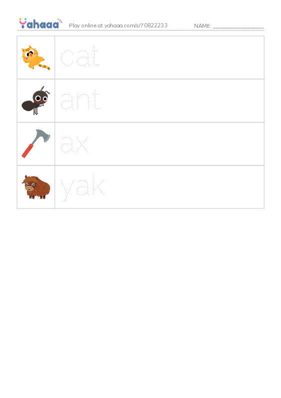Picture and word rows worksheet for cat, ant, ax and 1 more