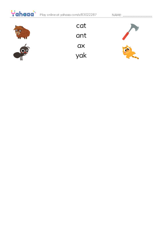 Match both sides worksheet for cat, ant, ax and 1 more