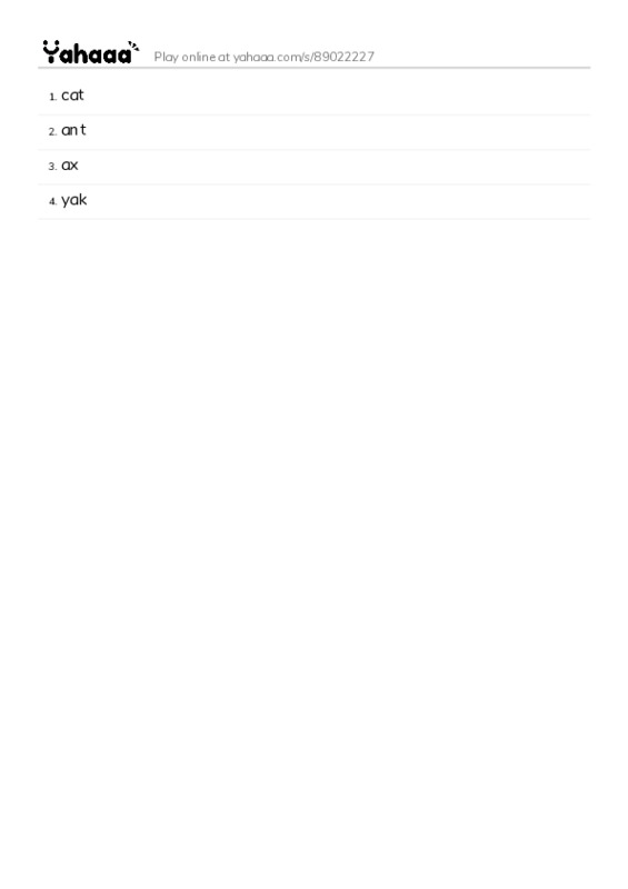 Word list with meanings worksheet for cat, ant, ax and 1 more