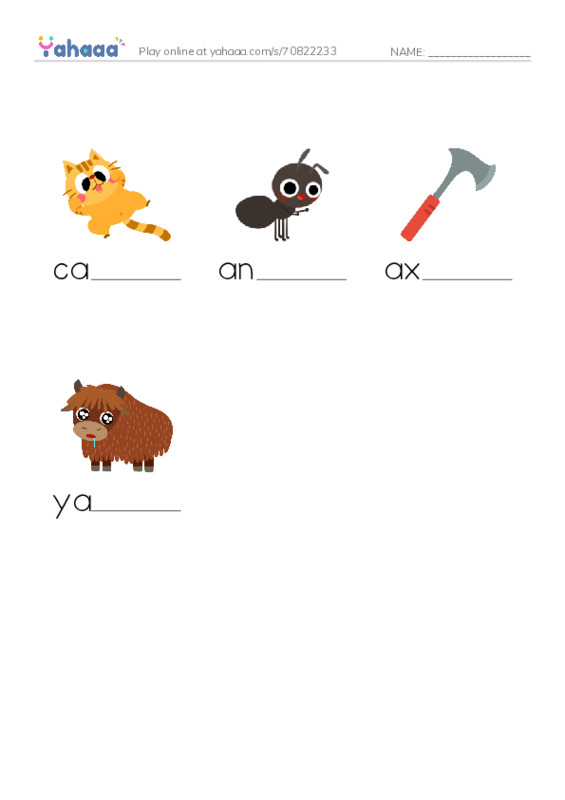 Finish the word worksheet for cat, ant, ax and 1 more
