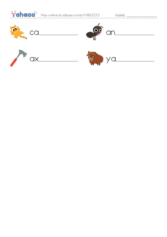Write the word rows worksheet for cat, ant, ax and 1 more