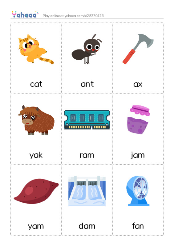 Picture flashcards worksheet for cat, ant, ax and 9 more