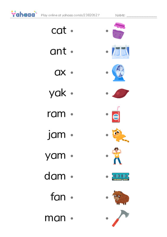 Draw a line to match worksheet for cat, ant, ax and 9 more