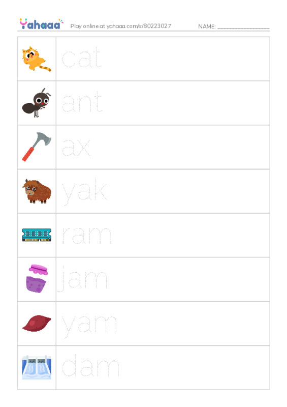 Picture and word rows worksheet for cat, ant, ax and 9 more