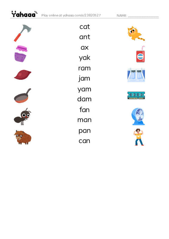 Match both sides worksheet for cat, ant, ax and 9 more