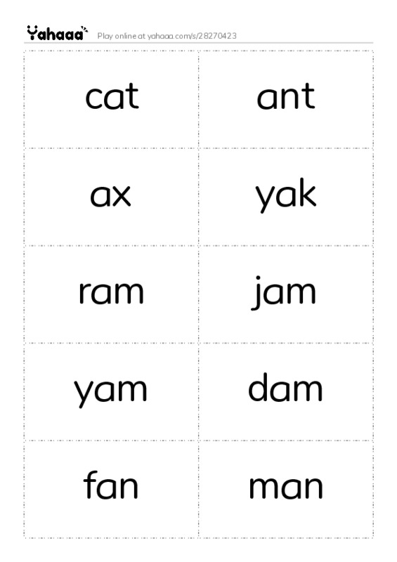 Word flashcards worksheet for cat, ant, ax and 9 more
