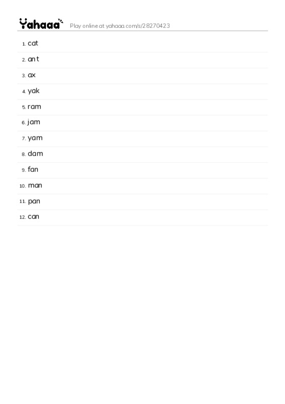 Word list with meanings worksheet for cat, ant, ax and 9 more