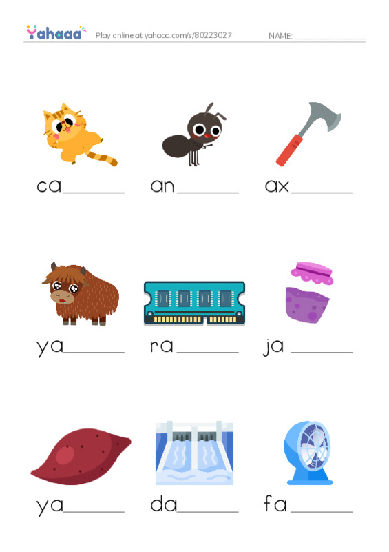 Finish the word worksheet for cat, ant, ax and 9 more