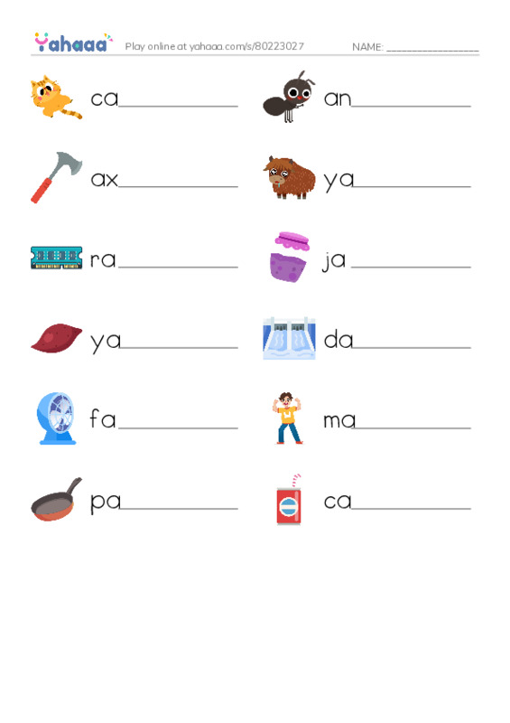 Write the word rows worksheet for cat, ant, ax and 9 more