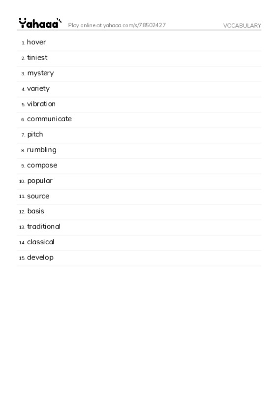 Word list with meanings worksheet for VOCABULARY