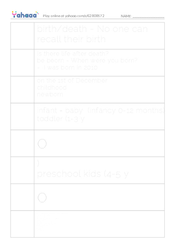 Picture and word rows worksheet for Stages of Life