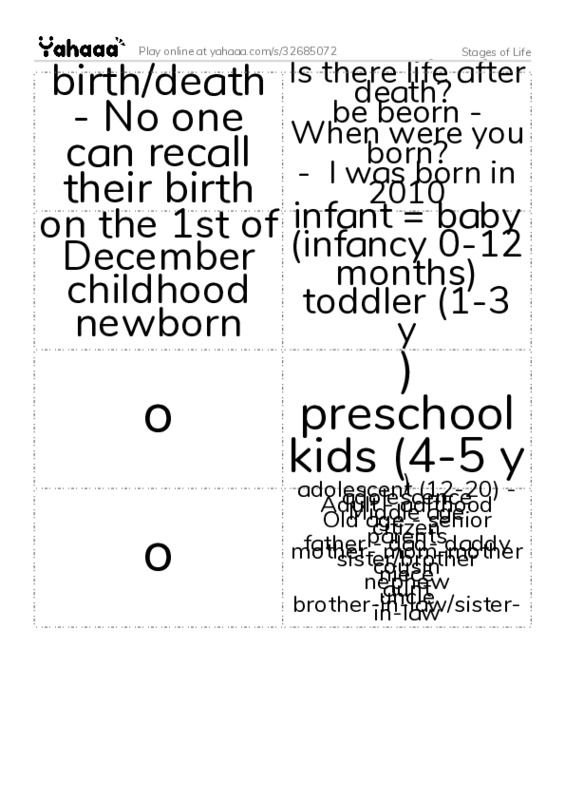 Word flashcards worksheet for Stages of Life