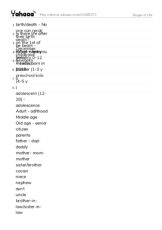 Word list with meanings worksheet for Stages of Life