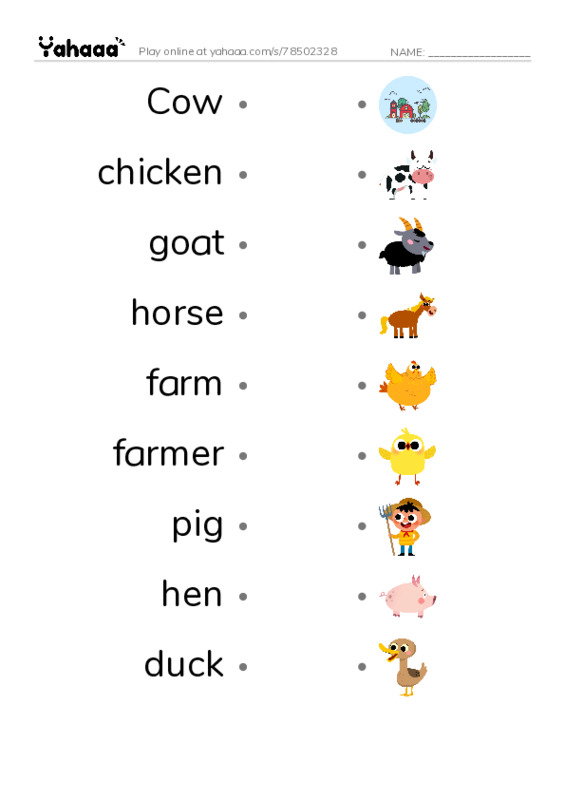 Draw a line to match worksheet for On the farm