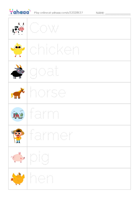 Picture and word rows worksheet for On the farm