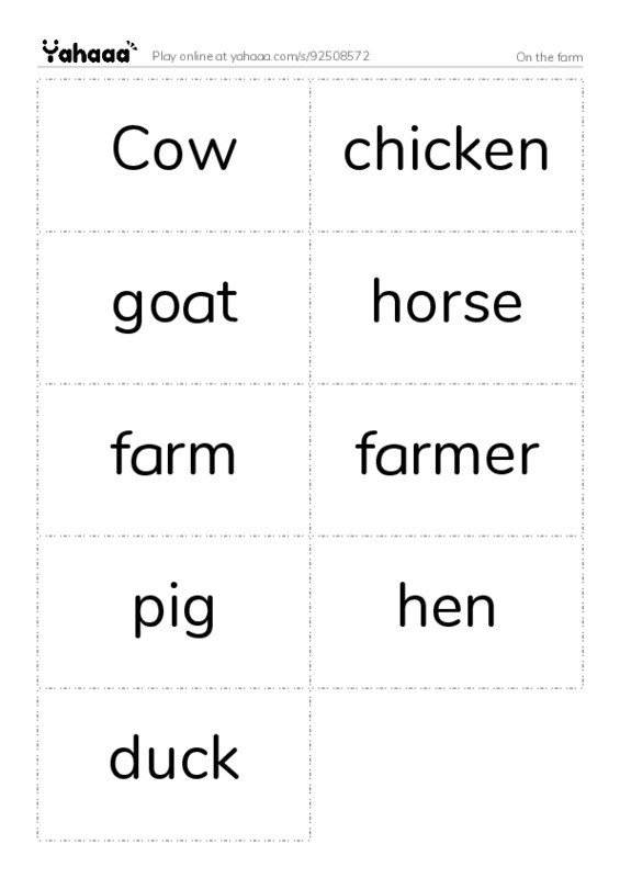 Word flashcards worksheet for On the farm
