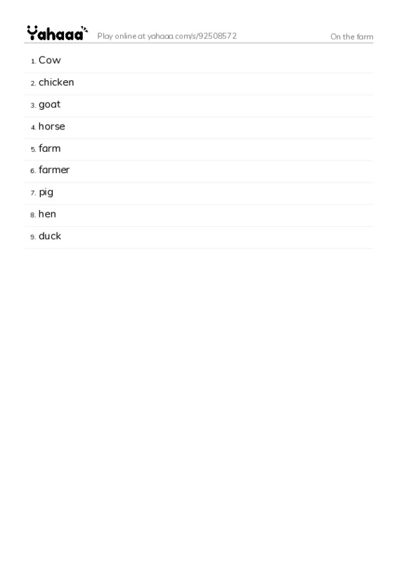 Word list with meanings worksheet for On the farm