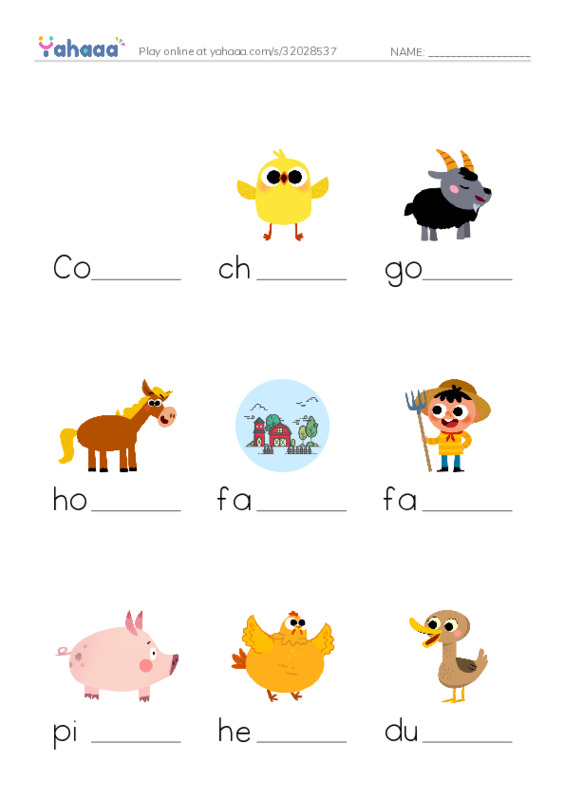 Finish the word worksheet for On the farm
