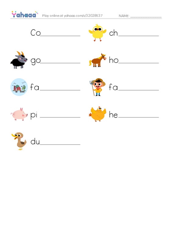Write the word rows worksheet for On the farm