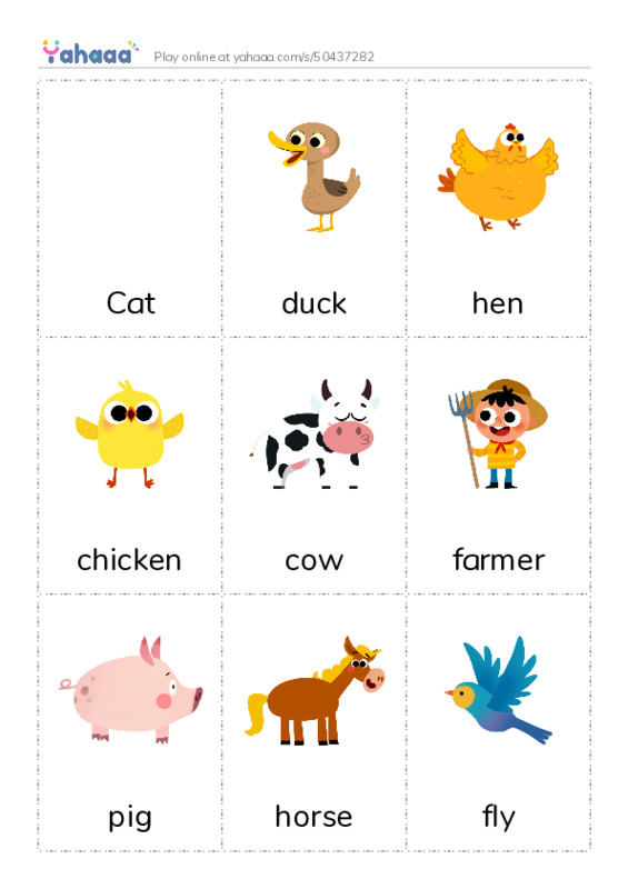 Picture flashcards worksheet for Cat, duck, hen and 8 more