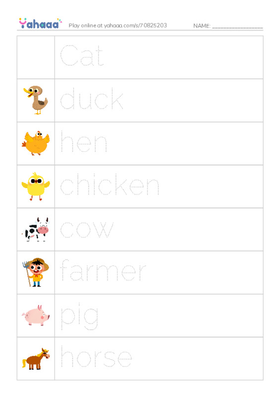 Picture and word rows worksheet for Cat, duck, hen and 8 more