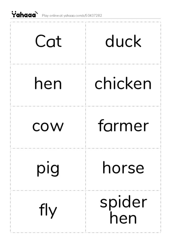 Word flashcards worksheet for Cat, duck, hen and 8 more