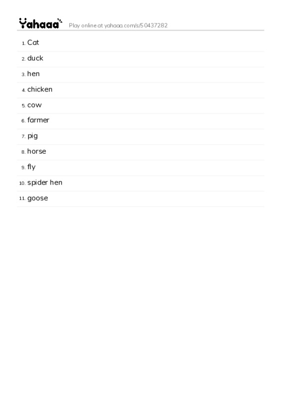 Word list with meanings worksheet for Cat, duck, hen and 8 more