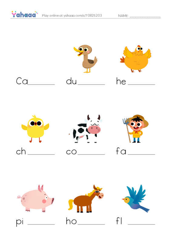 Finish the word worksheet for Cat, duck, hen and 8 more