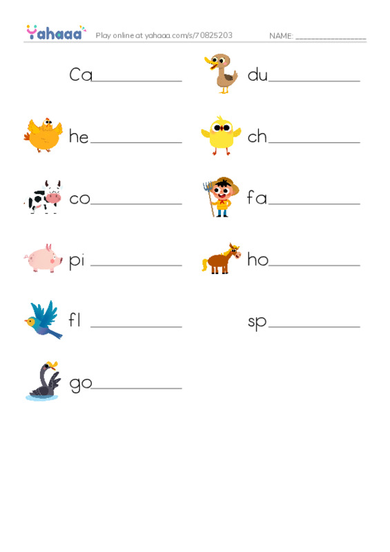 Write the word rows worksheet for Cat, duck, hen and 8 more