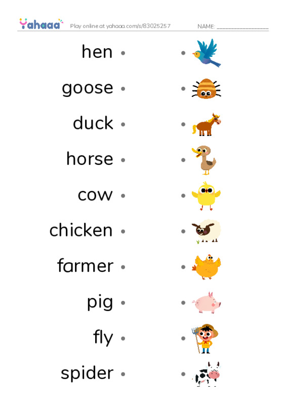 Draw a line to match worksheet for On the farm