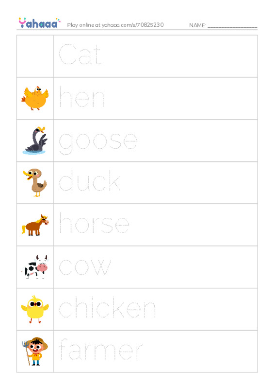 Picture and word rows worksheet for On the farm