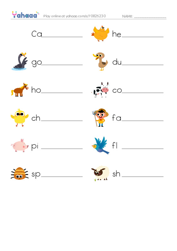 Write the word rows worksheet for On the farm