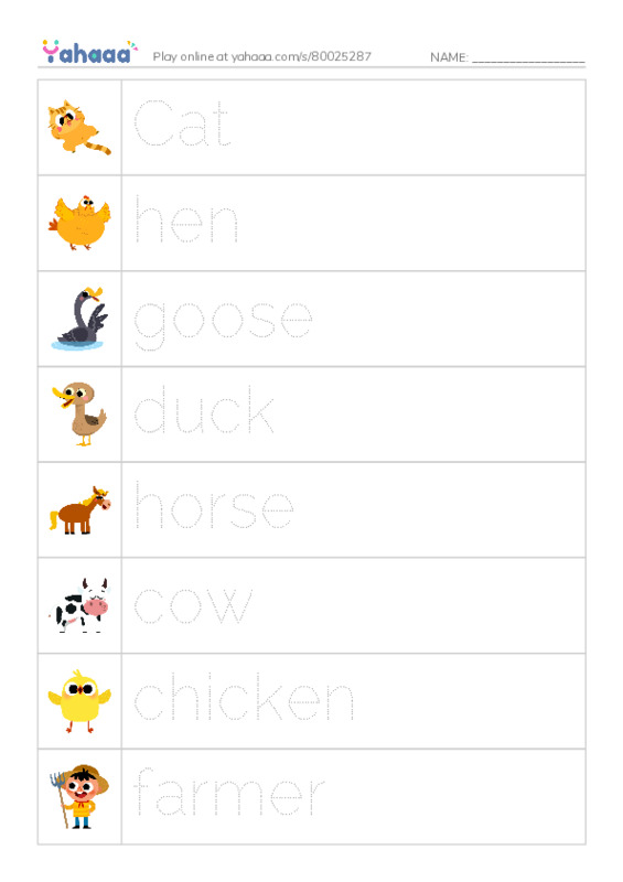 Picture and word rows worksheet for On the farm