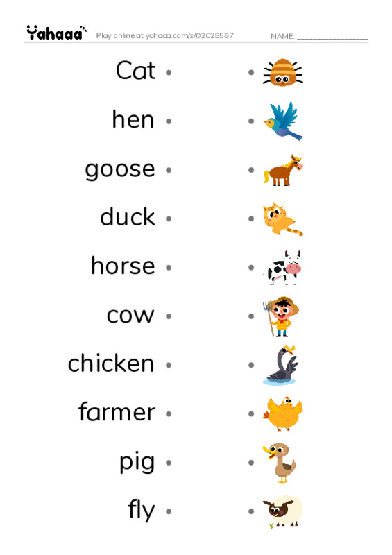 Draw a line to match worksheet for On the farm
